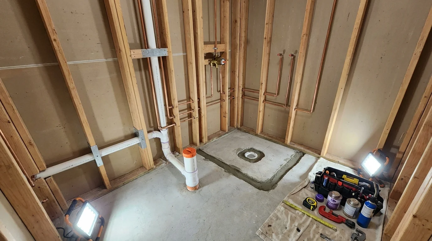 Bathroom rough-in plumbing during remodel by Johns Plumbing LLC in Brookings