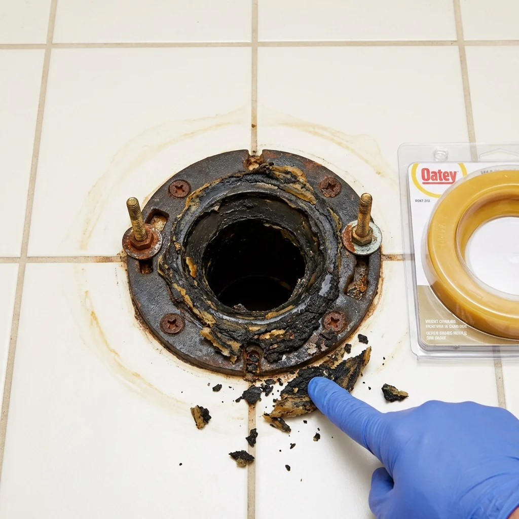 Failed wax ring showing water seepage at the base of a toilet in a Brookings, SD home